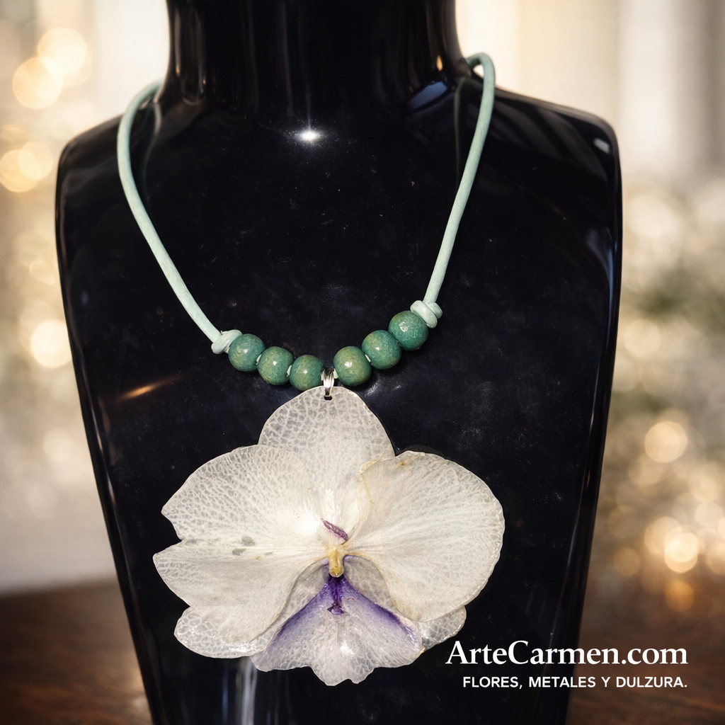 Collar Botánico – Orquídea Blanca Phalaenopsis en Resina